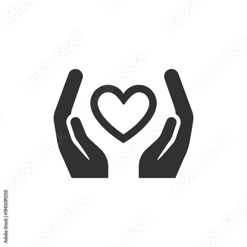 Hands holding heart icon. Care support and charity concept. Monochrome black and white symbol