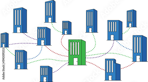 Business Network Connection Icon Set Featuring Multiple Office Buildings Linked with Dotted Lines for Corporate and Networking Designs