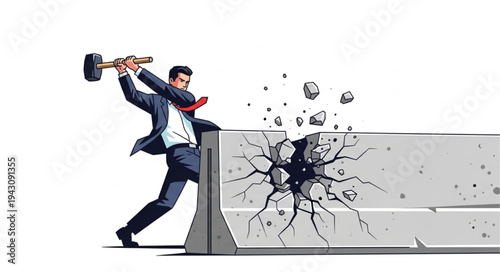 Man Breaking Concrete Wall with Sledgehammer.