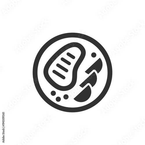Healthy protein meal plate icon. Balanced diet and nutrition food concept. Monochrome black and white symbol