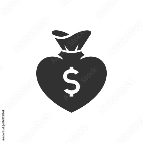 Heart shaped money bag icon. Charity fund and financial donation. Monochrome black and white symbol
