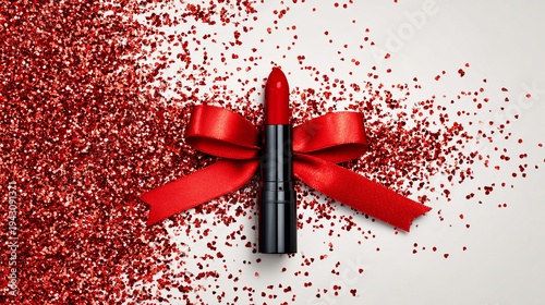 A vibrant red lipstick with a matching bow, surrounded by a splash of glistening glitter