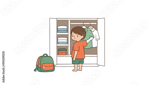 A boy in an orange shirt choosing clothes from a wardrobe