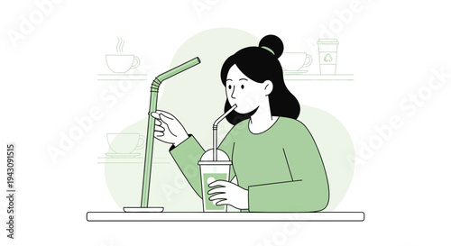 Young Woman Enjoys Refreshing Drink With Large Straw And Cup