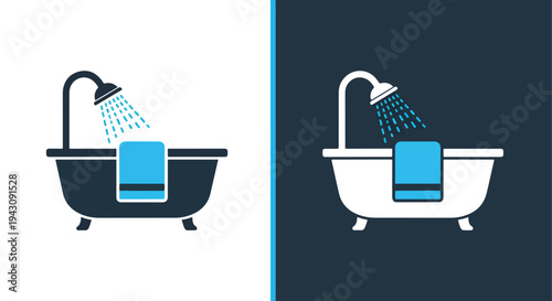Bathroom Shower Icon Set - Blue White Bathtub Water Flow Vector - minimalist, flat icon, outline, glyph, linear, clipart, sticker - icon set