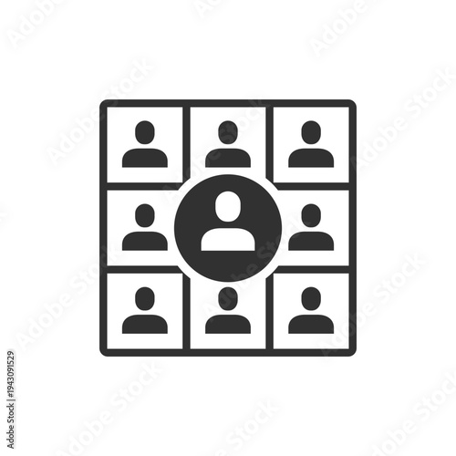 Online team meeting grid icon. Virtual conference and remote collaboration concept. Monochrome black and white symbol
