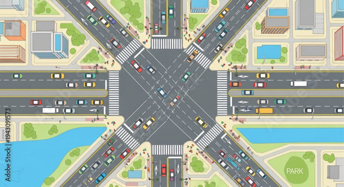 Aerial View of a Busy City Intersection with Traffic.