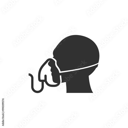 Person with oxygen mask icon. Breathing support and respiratory protection. Monochrome black and white symbol