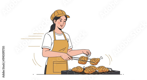 Young Woman Grilling Delicious Chicken Legs With Apron And Chef Hat