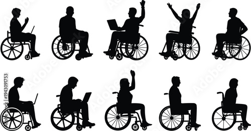 People in Wheelchairs Silhouettes with Laptops and Raised Hands 29sas