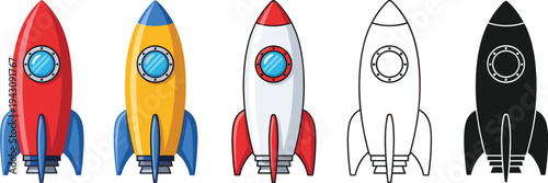 Rocket icons collection, space rocket illustrations set, cartoon spaceship launch vehicles, startup concept symbols, colorful aerospace vector pack