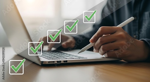 Close up of a business professional actively completing a digital checklist or task list using a stylus and laptop computer interface.