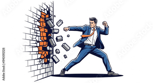 Man Breaking Through Brick Wall.