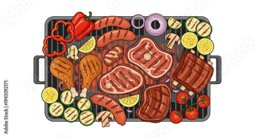 Grilled Feast - A Colorful BBQ Illustration with Meats and Vegetables.