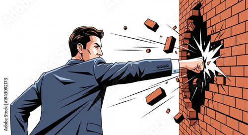 Man Breaking Through Brick Wall.