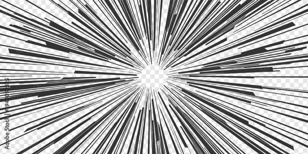 Obraz premium Manga anime speed lines. Radial impact effects and transparent action comic book energy. Black and white lightning shock focus, motion zoom overlays and concentric screentone style. Vector background.