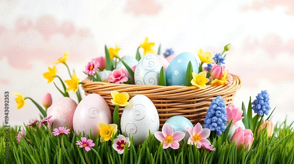 Fototapeta premium Colorful Easter Basket Filled with Decorated Eggs in a Sunny Meadow of Grass and Spring Flowers