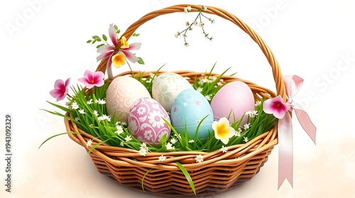 Wallpaper Mural Decorative Painted Eggs in Wicker Basket with Spring Flowers and Pink Ribbon – Colorful Spring Still Life Torontodigital.ca