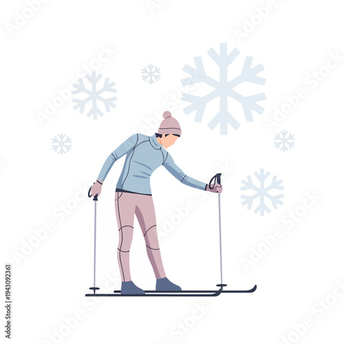Young Woman Skiing Downhill In A Winter Wonderland With Falling Snowflakes