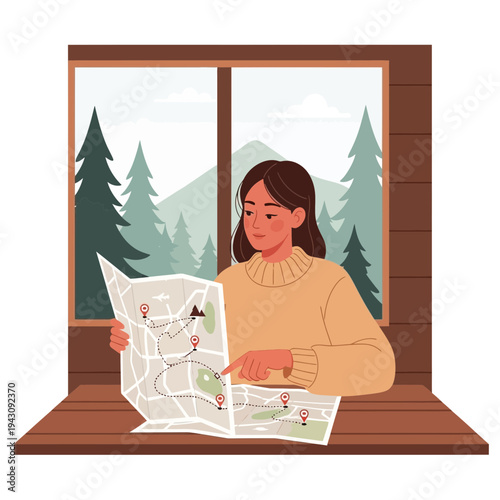 Young Woman Studying Mountain Trail Map Indoors