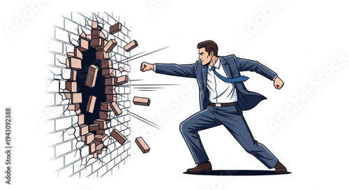 Man Breaking Through Brick Wall.