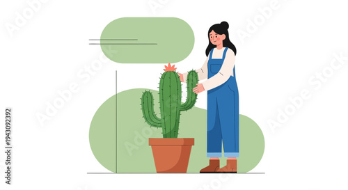 Young Woman Tending to a Potted Cactus Plant Indoors