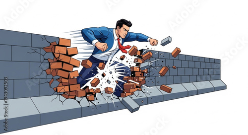 Man Breaking Through Brick Wall.