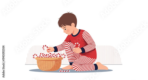 Youngster in Festive Pajamas Prepares Candy Canes from Basket for Winter Festivities