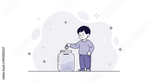 Youngster Putting Coin Into a Glass Jar Indicating Financial Concepts of Saving and Banking