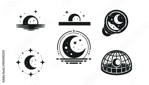 Collection of stylized moon and star icons for cosmic or nocturnal themes