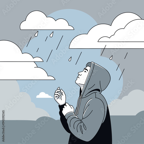 Youthful Contemplation Underneath A Cloudy Sky And Gentle Rain Showers