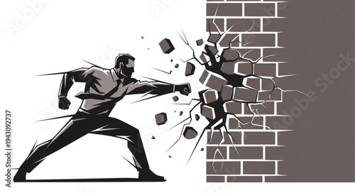 Man Breaking Through Brick Wall.