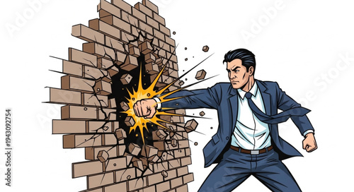 Man Breaking Through Brick Wall.