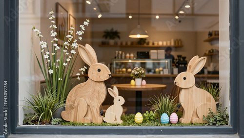 Minimalist cafe window display featuring wooden easter bunny figurines and colored eggs. A cozy coffee shop interior is visible behind the decorative spring storefront