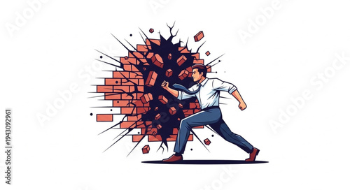 Man Breaking Through Brick Wall.