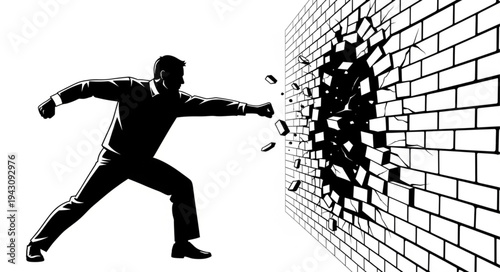 Man Breaking Through Brick Wall.