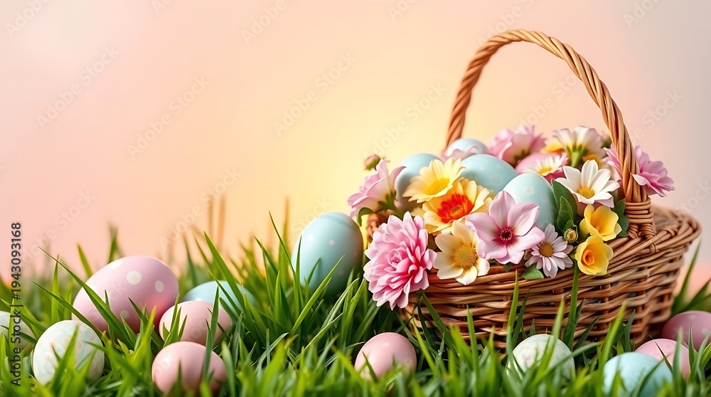 Fototapeta premium Beautiful Easter Basket Overflowing with Pink and White Flowers and Pastel Eggs in Sunny Green Grass at Sunrise, Spring Holiday Scene