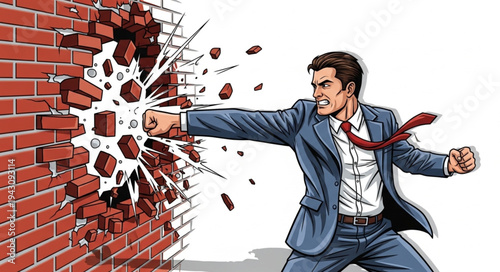 Man Breaking Through Brick Wall.