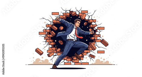 Man Breaking Through Brick Wall.