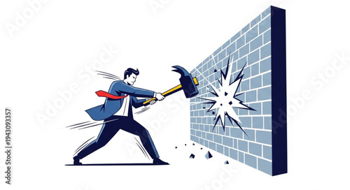 Man Breaking Through Brick Wall.