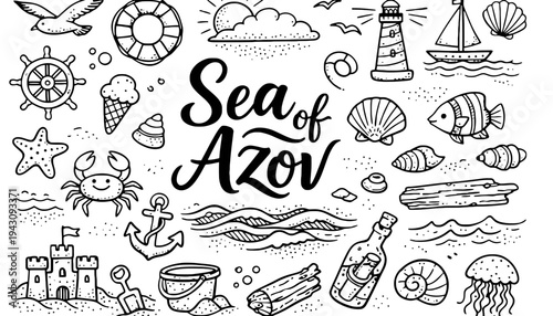 Sea of Azov vector illustration with nautical icons and beach symbols
