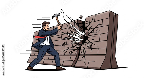 Man Breaking Through Brick Wall.