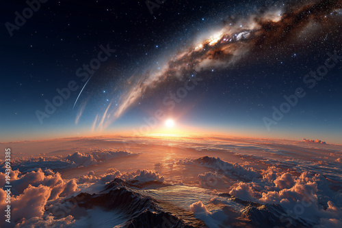 Sunrise over planet horizon with glowing atmosphere and starfield