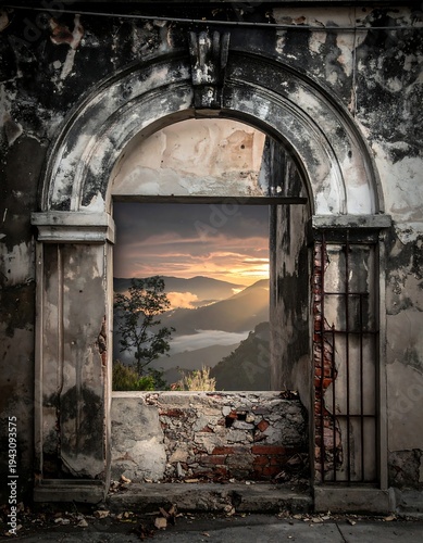 Ornate, decaying stone arch frames a mountain landscape at sunrise