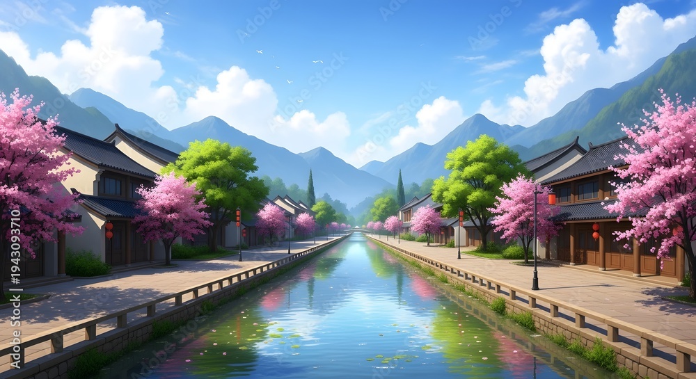 Fototapeta premium Serene mountain village with blooming trees along a calm river