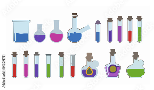 Alchemy glass flasks and laboratory tubes vector icon set for chemistry and magic potions