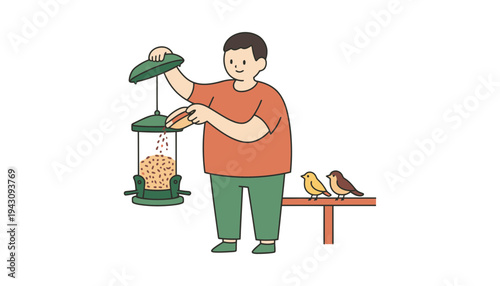 A man filling a green bird feeder with seeds next to birds