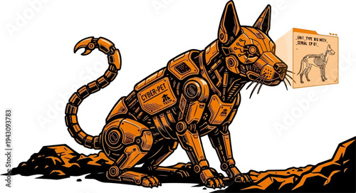 Futuristic Orange Robotic Dog Cyberpunk Mechanical Pet Illustration