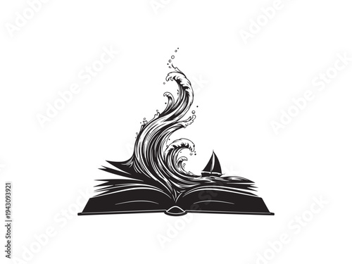 A black and white illustration of a wave emerging from an open book with a sailboat in the background.
