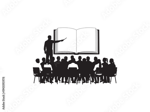 A teacher stands in front of a large open book pointing to it for a group of students sitting in chairs.